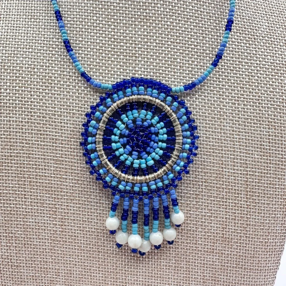 Vintage 90s Seed Beaded Dreamcatcher Necklace Women's Classic Fashion Jewelry - Picture 7 of 8
